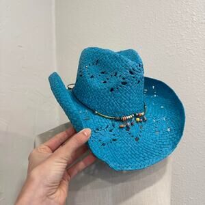 Rt 66 Turquoise Woven Straw Western Hat Beaded Band Sun Hat Cowboy Hat One Size